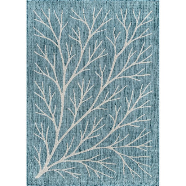 Flora Aqua 10 ft. x 14 ft. Coral Branch Washable Indoor Outdoor Area Rug