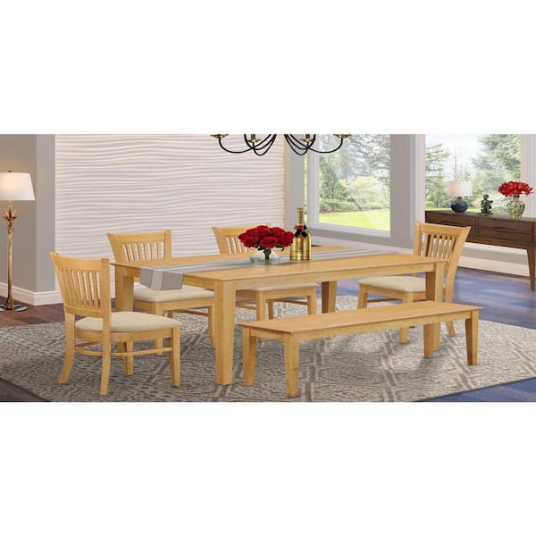 East West Furniture 6-Piece Rectangle Natural Oak Finish Solid Wood Top Dining Table with 1 Bench, 4 Chairs with Lattice Back