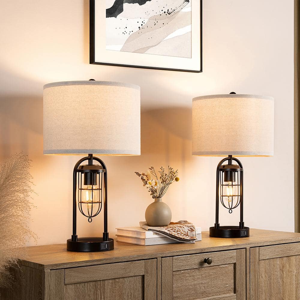 21.5'' Black Metal Table Lamp Set with USB Ports and Lantern Night Light