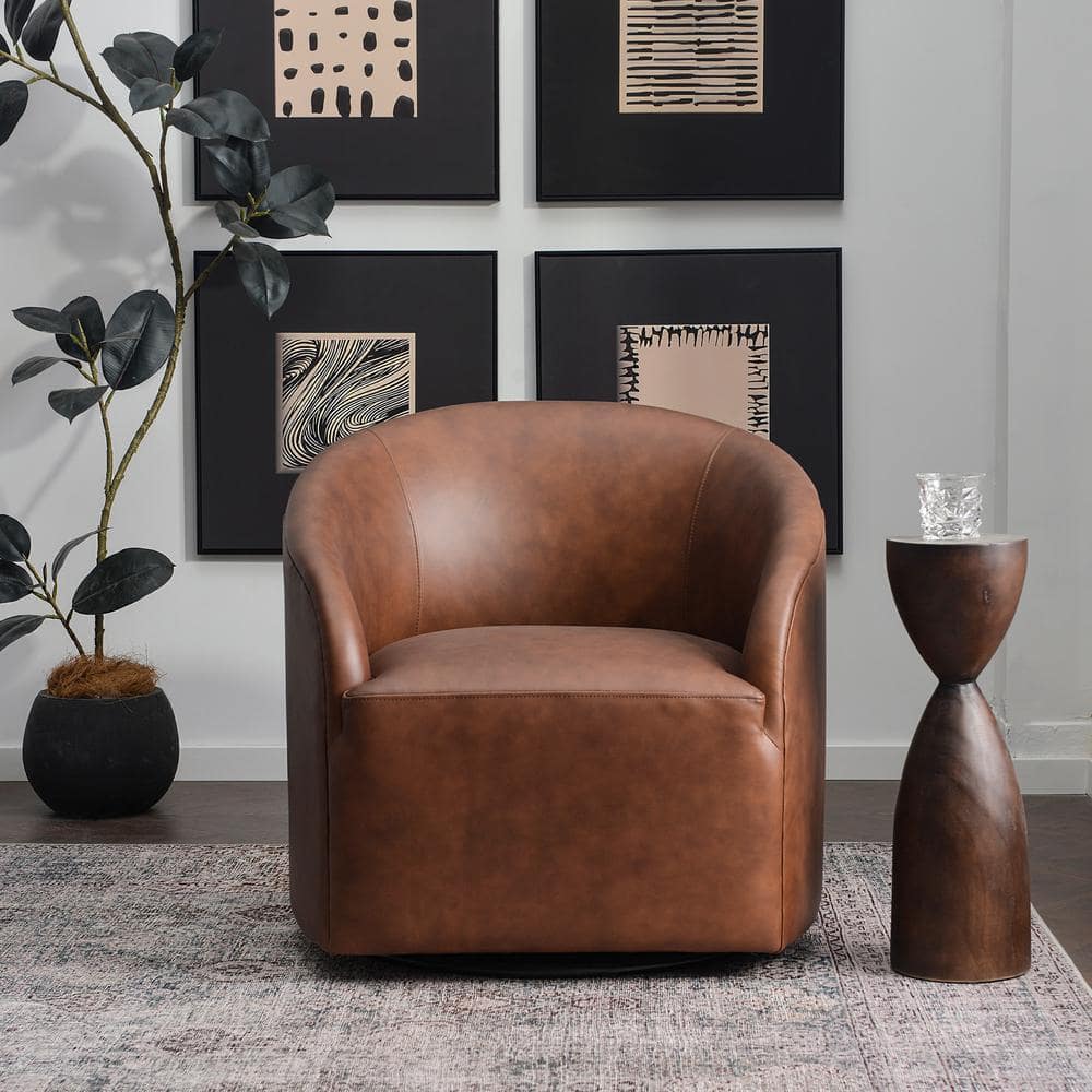 KINWELL Brown 100% Genuine Leather Swivel Barrel Armchair, image size:1000x1000