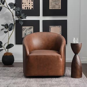 Brown 100% Genuine Leather Swivel Barrel Armchair