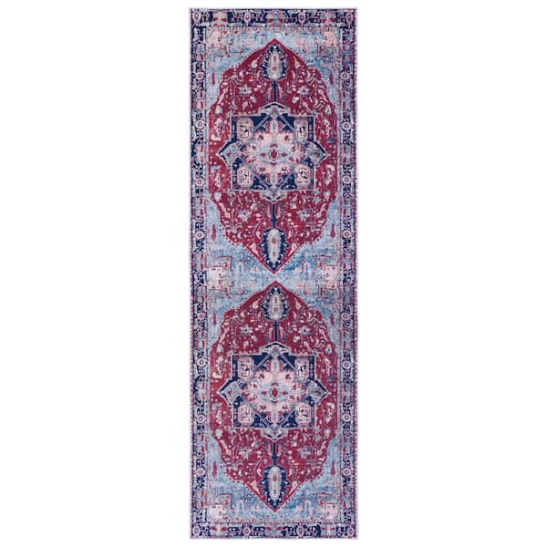 Tuscon Red/Navy 3 ft. x 6 ft. Machine Washable Border Floral Medallion Runner Rug