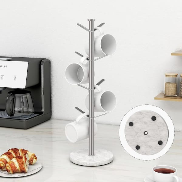 8 Hooks Marble Mug Holder Tree, Stable Mug Stand for Kitchen Counter, Brushed Nickel