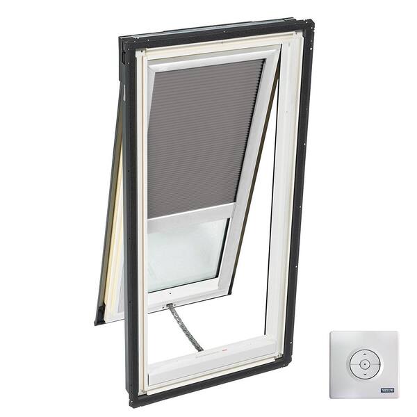 VELUX 21 in. x 45-3/4 in. Solar Powered Venting Deck-Mount Skylight with Laminated Low-E3 Glass and Grey Room Darkening Blind