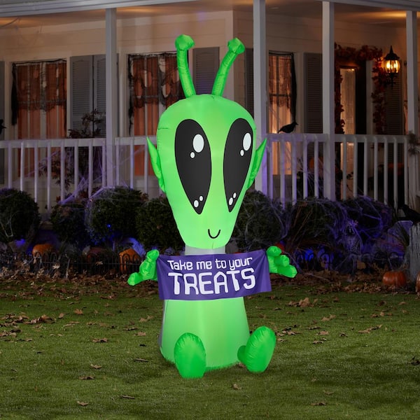 National Tree Company 84 in. Halloween Inflatable Alien with Sign ...
