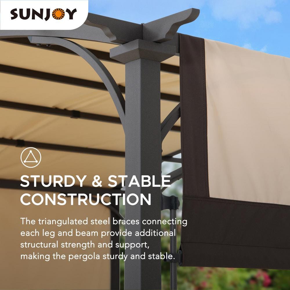 Tan and Brown Steel Arched Pergola with Adjustable Canopy