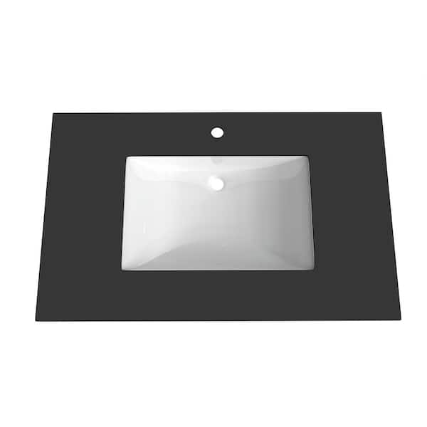 castellousa Monica 36 in. W x 22 in. D Porcelain Vanity Top in Black with Center Basin