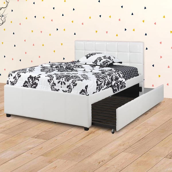 Benjara Gracious White with Trundle and SQU Tufted HB Wooden Full Bed 55  in. L x 77 in. W x 41 in. H BM168403 - The Home Depot