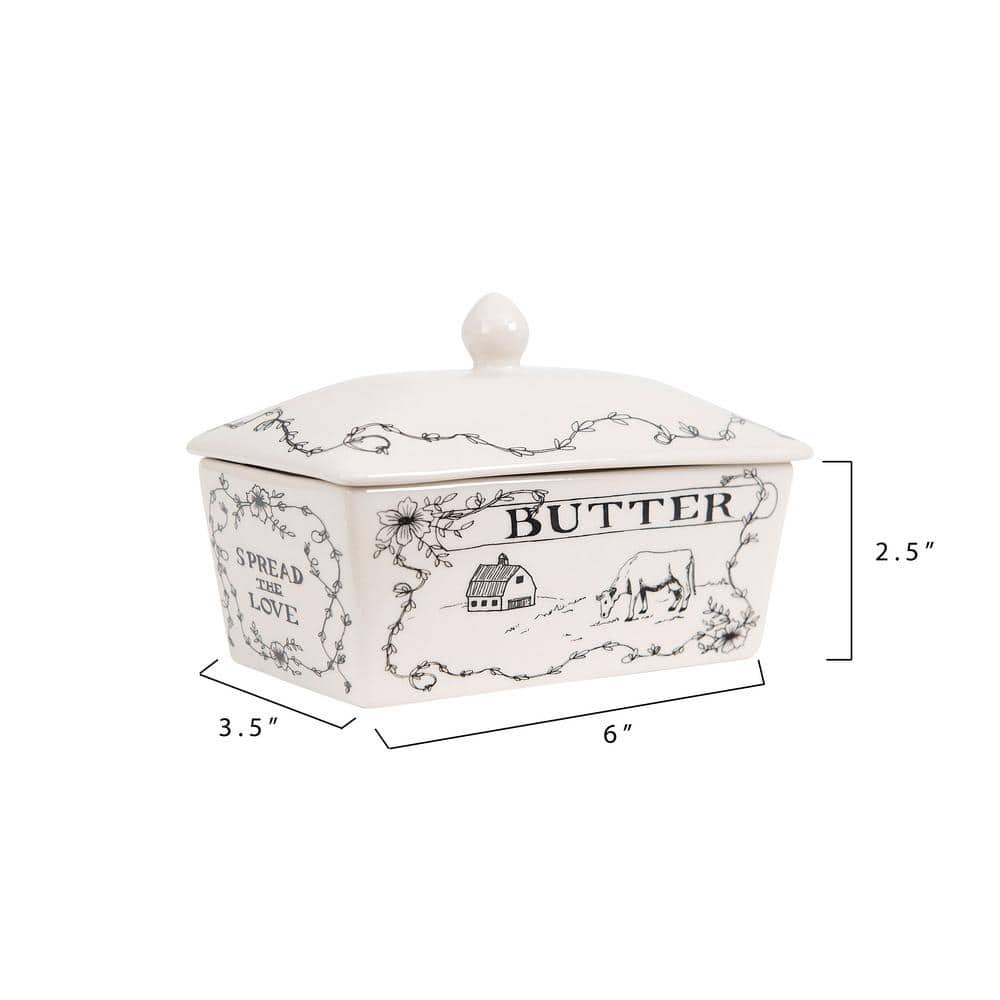 Farmhouse White and Black Stoneware Butter Dish with Lid