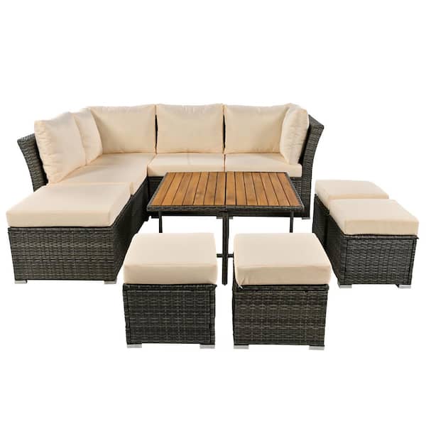 Sudzendf Gray 10-Piece Wicker Outdoor Patio Conversation Set with Beige Cushions and Ottomans Solid Wood Coffee Table