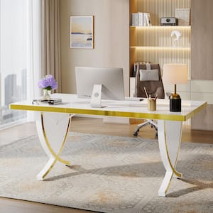 Halseey 63 in. Rectangular White Gold Wood Modern Executive Computer Desk Home Office Dining Table Thickened Frame