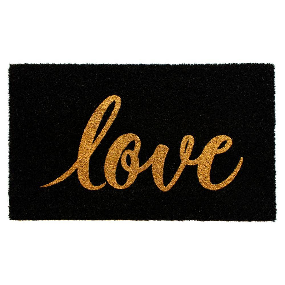 Welcome Love Glitter Black 18 in. x 30 in. Coir Non-Slip Outdoor Door Mat