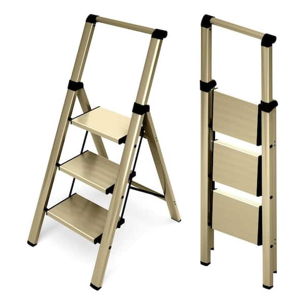 3-Step Foldable Aluminum-Step Ladder with Handgrip Anti-Slip Pedal 330 lbs. Capacity Lightweight Portable Gold