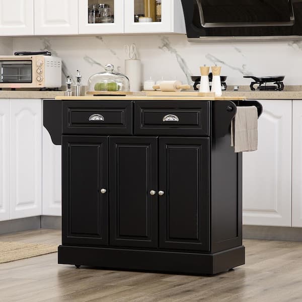 Black Smooth Rubber Wood Top 17.8 in. Kitchen Island Cart with 3 Door Cabinet and 2 Drawers