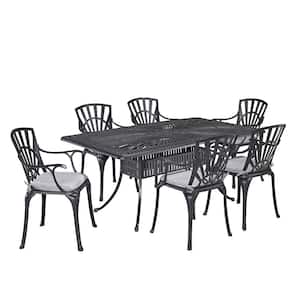 Grenada Charcoal Gray 7-Piece Cast Aluminum Rectangular Outdoor Dining Set with Gray Cushions