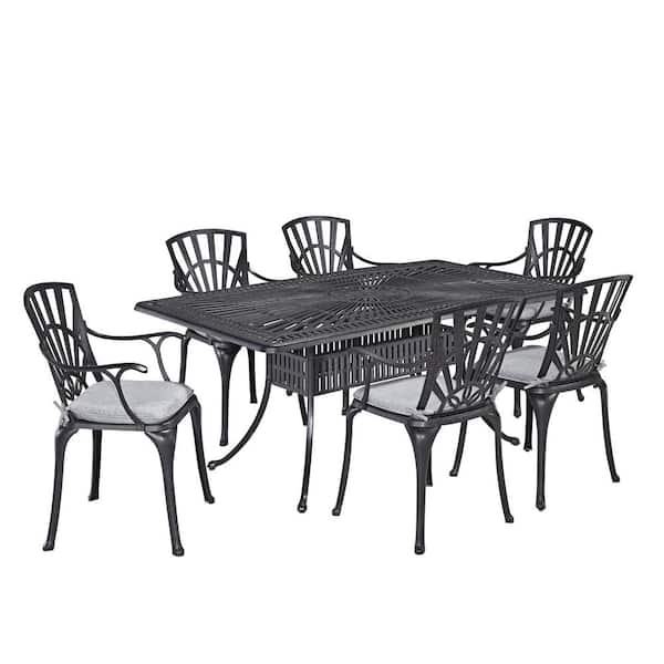 HOMESTYLES Grenada Charcoal Gray 7-Piece Cast Aluminum Rectangular Outdoor Dining Set with Gray Cushions