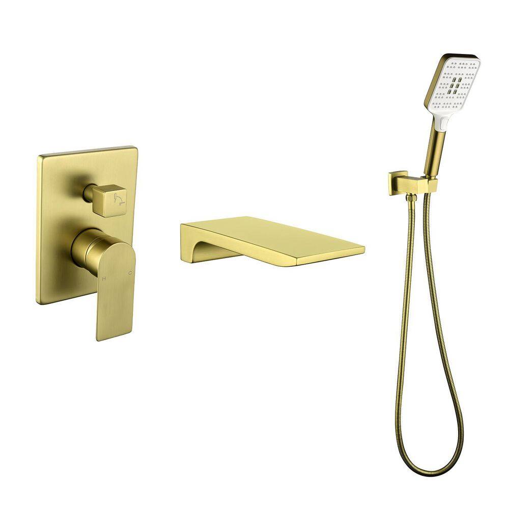 Vara Single-Handle Wall Mount Roman Tub Faucet with 3-Spray Hand Shower and 6.97 in. D Waterfall Spout in Brushed Gold price history on PriceWatchPro