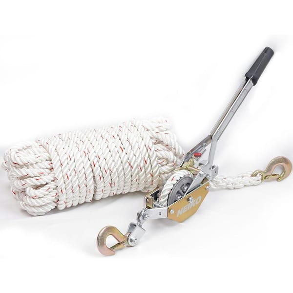 Rope Puller, 3/4-Ton Pulling Capacity, 98 ft. 2 Hooks, Dual Gears