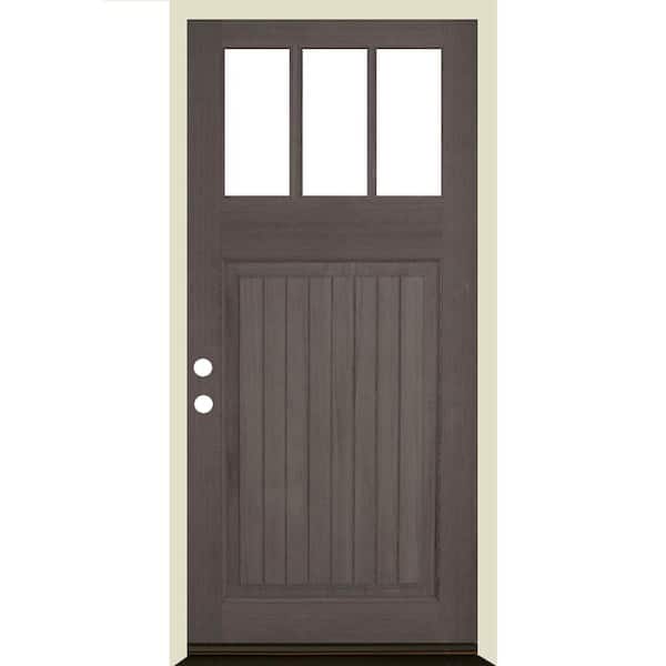 Krosswood Doors 36 in. x 80 in. Craftsman 3 Lite V Groove Grey Stain Right-Hand/Inswing Douglas Fir Prehung Front Door