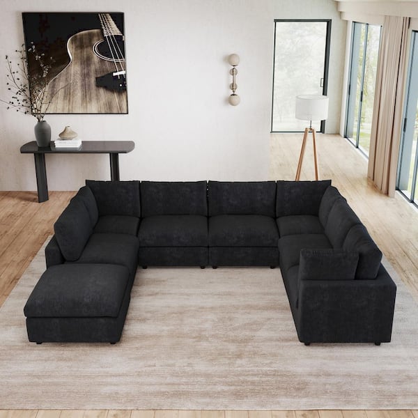Magic Home Minimalist 134 in. Square Arm Chenille U-Shaped Modular Sofa Cloud Couch with Ottoman and Removable Covers in. Black