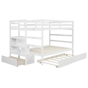Full Over Full White Wood Bunk Bed with Trundle, Detachable Full Bunk bed Frame with Drawers and Storage Shelves
