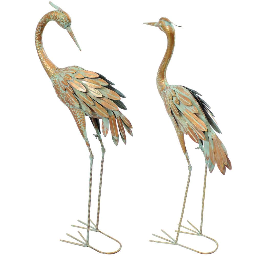Golden and Blue Iron Crane Garden Statue Set, 40-inch