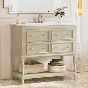 36 in. Single Sink Freestanding Beige Bath Vanity with White Ceramic Top Unassembled