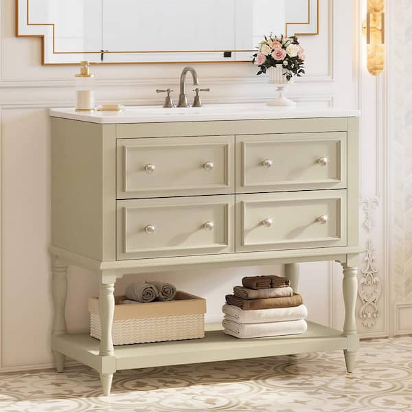 36 in. Single Sink Beige Bath Vanity with White Cultured Marble Top
