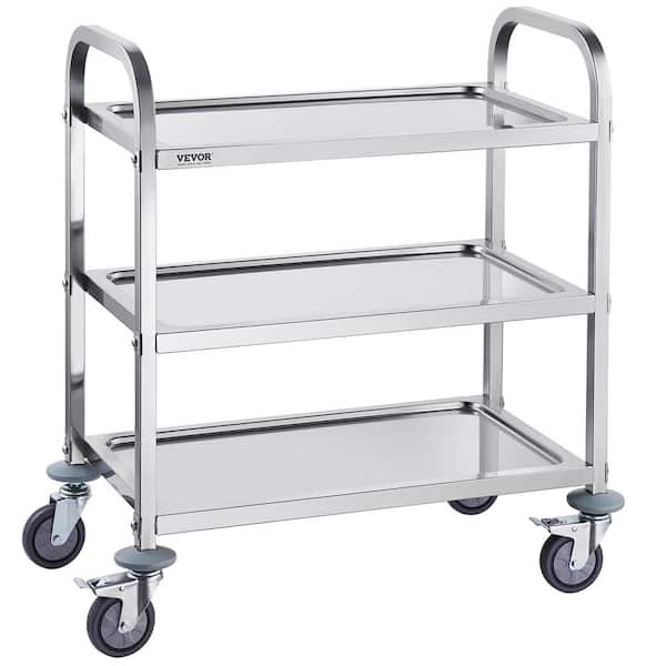 SKYSHALO Stainless Steel Cart, 3 Layers Lab Utility Cart 400 lbs. Capacity, Medical Cart with Lockable Wheels Kitchen Cart Silver