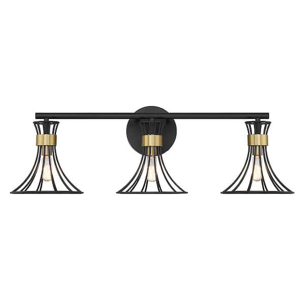 Savoy House Breur 28 in. 3-Light Matte Black with Warm Brass Accents Vanity Light