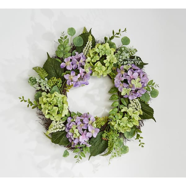 24 in. Artificial Hydrangea Wreath on Twig Base, Lavender