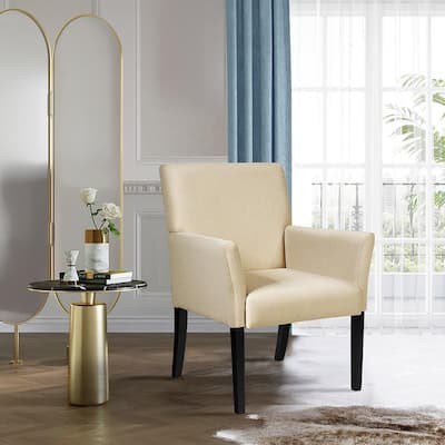 Executive Guest Chair Beige Fabric Reception Waiting Room Arm Chair with Rubber Wood Legs