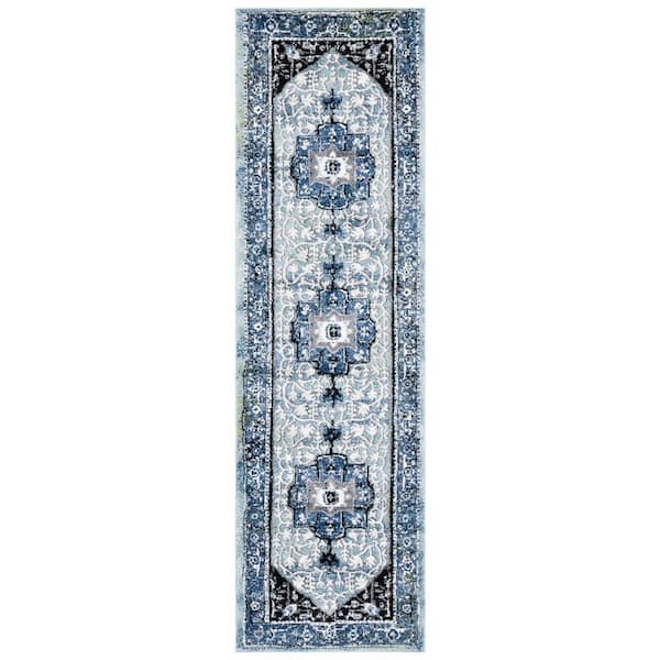 Vintage Hamadan 2 ft. x 8 ft. Blue/Light Green Medallion Ornate Runner Rug
