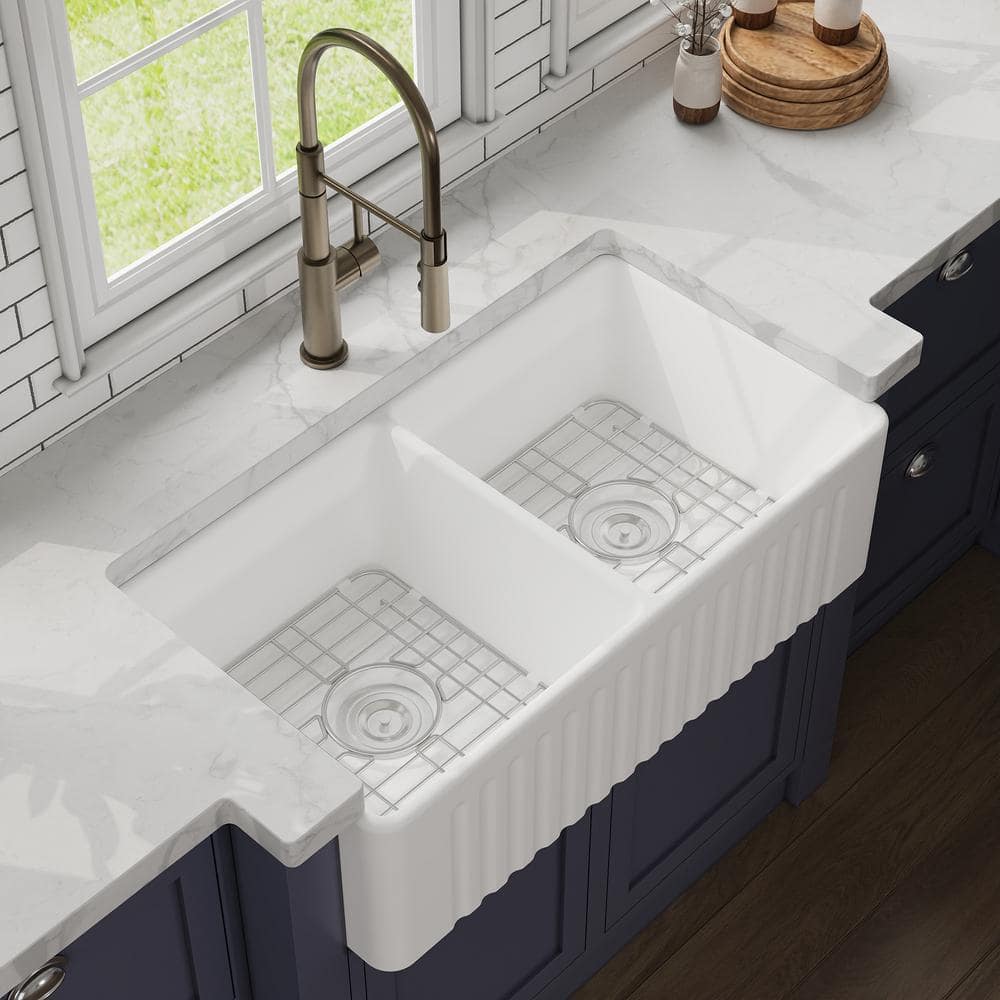 Eclipse 33" White Ceramic Double Basin Farmhouse Sink