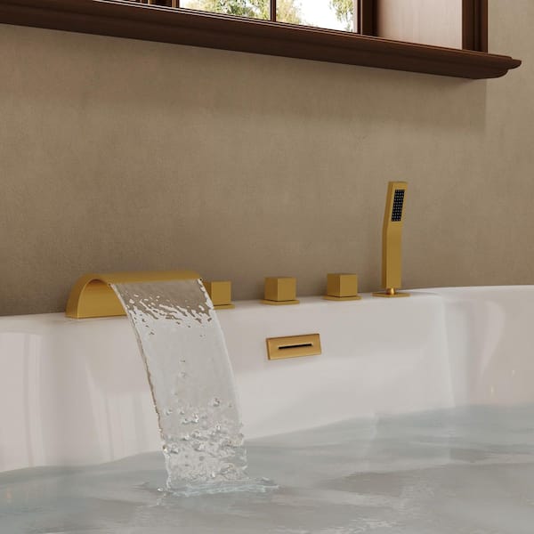 7 in. Waterfall 3-Handle 2-Spray Roman Tub Faucet with Handheld, High Flow 5.9 GPM in Brushed Gold Valve Included