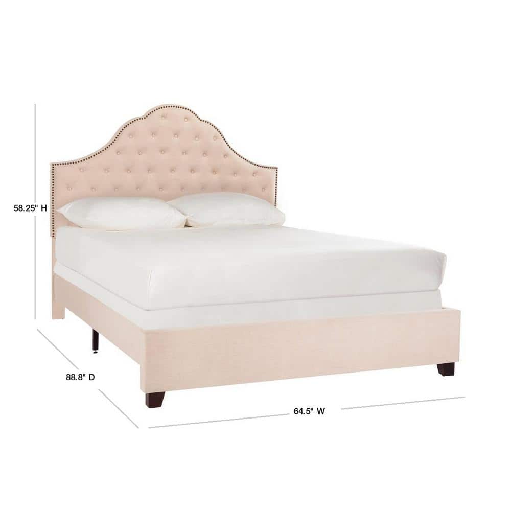 Elegant Beige Velvet Queen Platform Bed with Tufted Headboard & Nailhead Trim