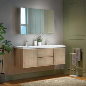 NJ 59 in. W x 19.63 in. D x 22.5 in. H Double Sink Floating Bath Vanity in Natural Oak with White Resin Top