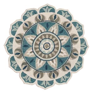 Daliah Hand-Tufted Aqua Blue/Gray 4 ft. x 4 ft. Bohemian Floral Wool Round Indoor Area Rug
