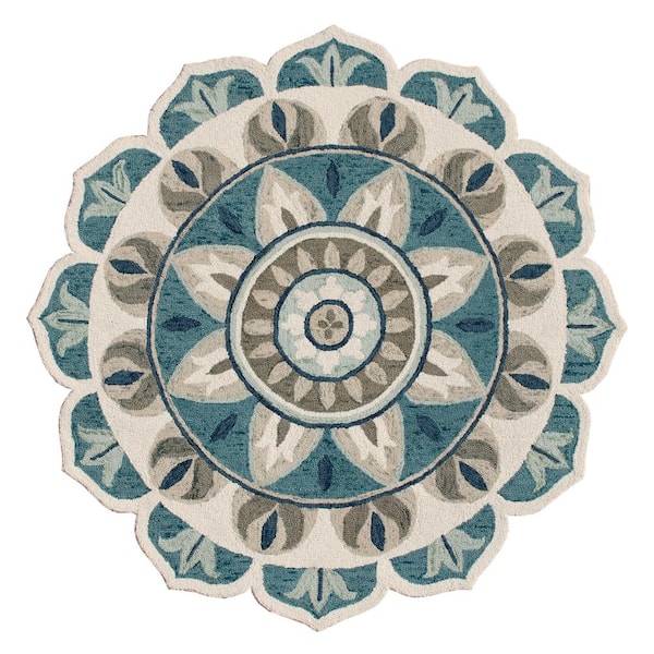 Unbranded Daliah Hand-Tufted Aqua Blue/Gray 6 ft. x 6 ft. Bohemian Floral Wool Round Indoor Area Rug