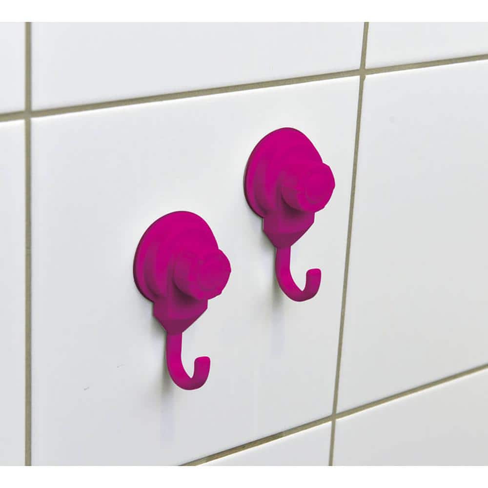 Pink Plastic and Metal Suction Cup Wall Hooks Set of 2