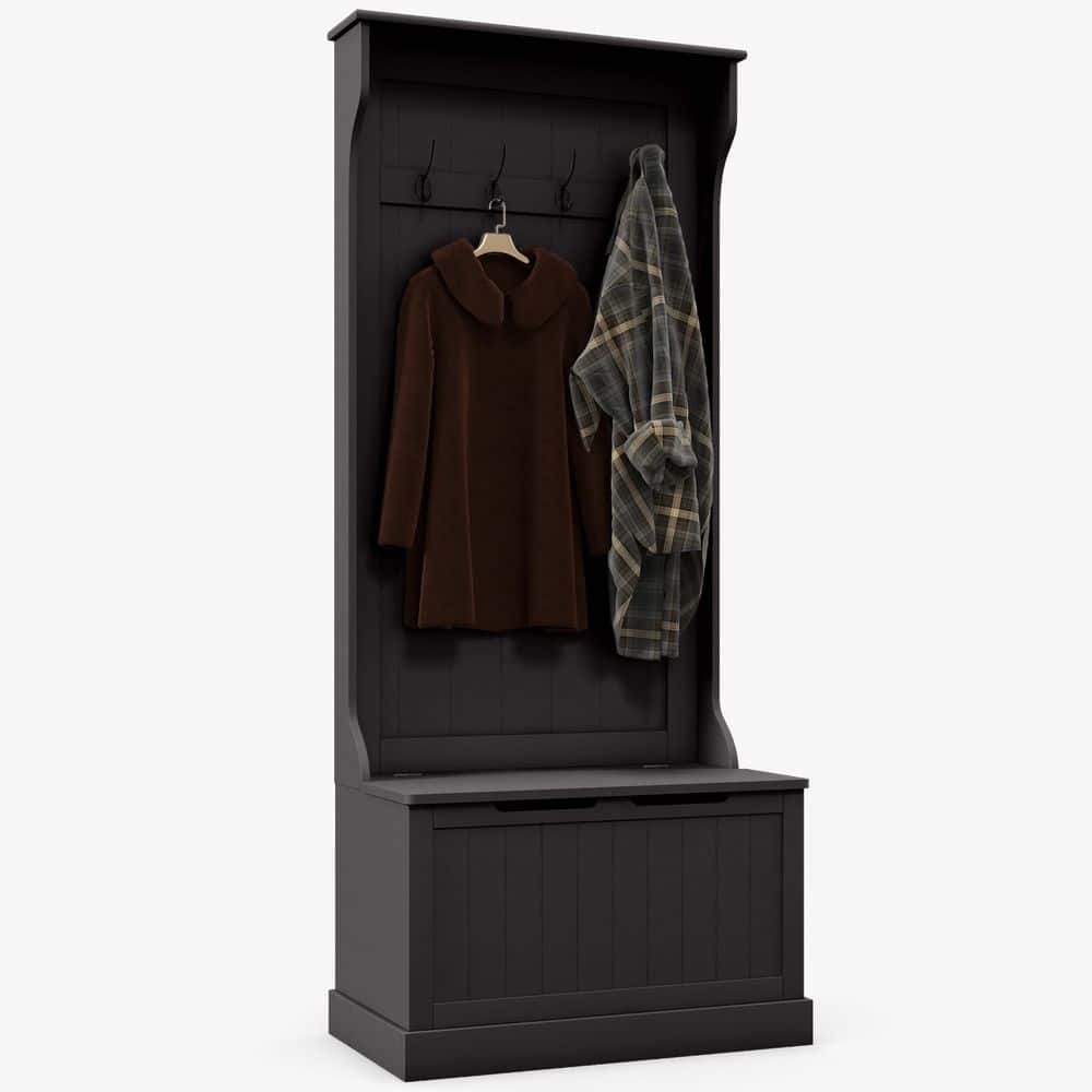 28.25 in. W x 15.5 in. D x 67 in. H Black Wood Hall Tree with Coat Rack, St