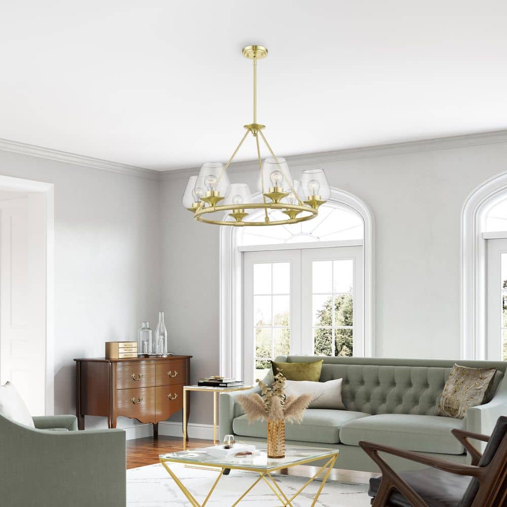 Elegant Willow 6-Light Chandelier with Clear Glass in Satin Brass