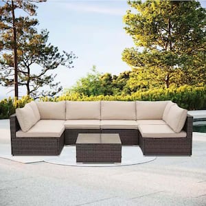 Black 7-Piece Wicker Outdoor Patio Sectional Sofa Conversation Set with Red Cushions and 1-Coffee Table