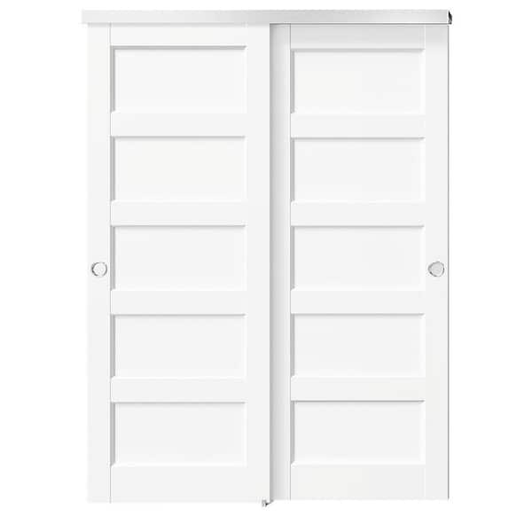 64 in. x 80 in. White, Solid Core, MDF and DIY Painted Double 5 Panel Bypass Sliding Door with Aluminium Hardware