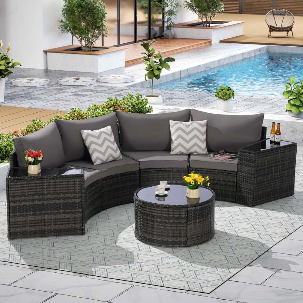 7-Piece Wicker Outdoor Patio Conversation Set with Dark Gray Cushion, Patio