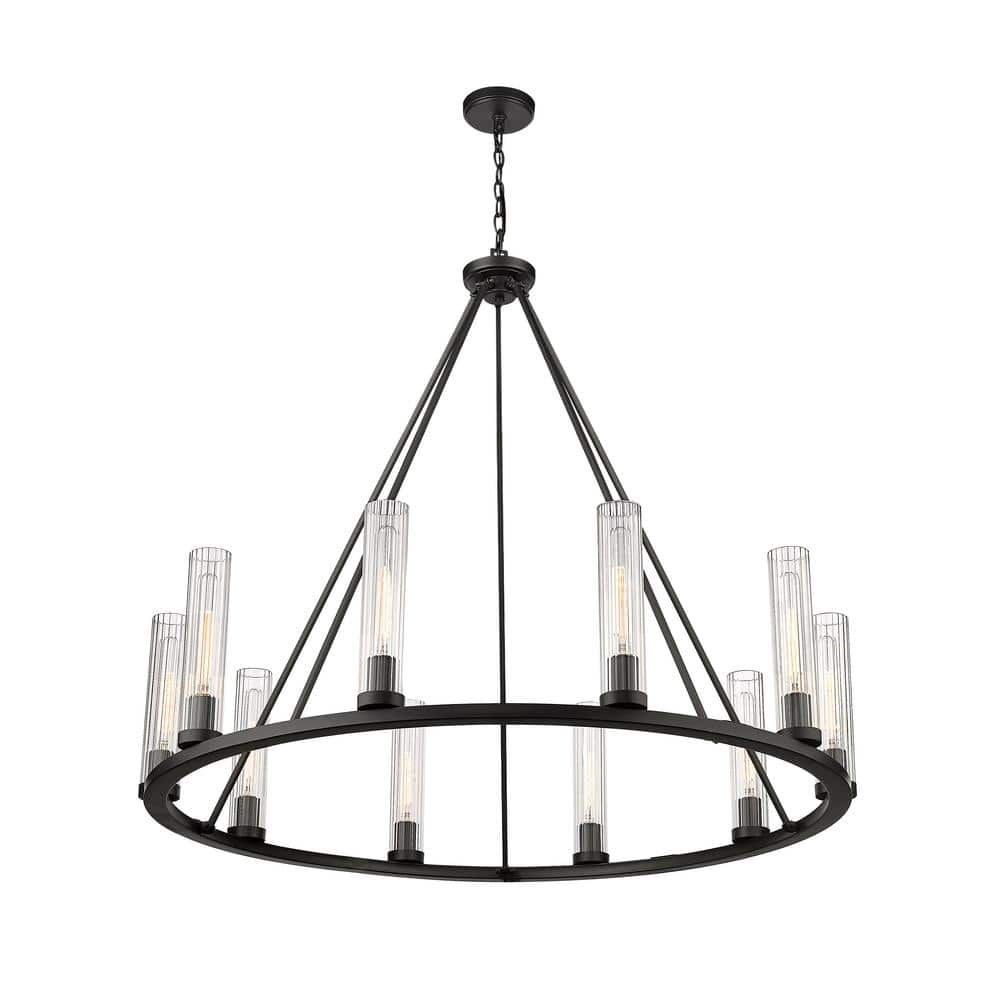 Beau Bronze 10-Light Circular Chandelier with Glass Shades