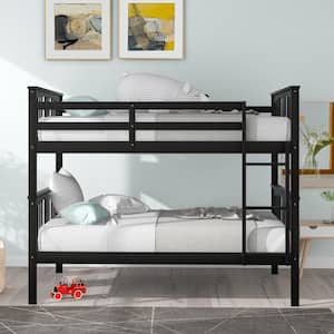 Espresso Full Over Full Wood Bunk Bed Frame with Guard Rails and Ladder for Kids Teens, Can be Convertible to 2-Beds