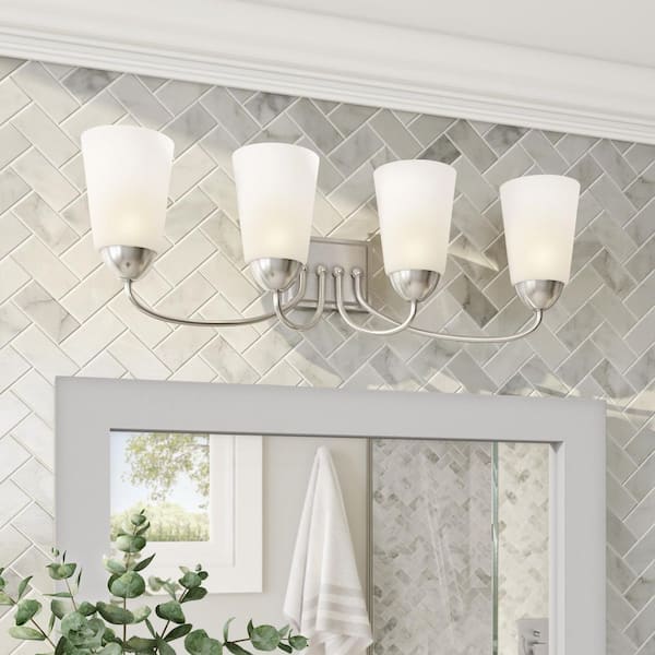 Malone 28.75 in. 4-Light Brushed Nickel Transitional Vanity Light with Frosted Glass Shades