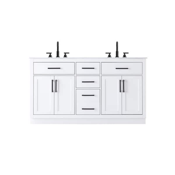 60 in. Double Sink White Bath Vanity with White Engineered Marble Top