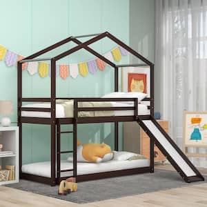 Detachable Style Espresso Twin over Twin Wood House Bunk Bed with Slide and Built-in Ladder